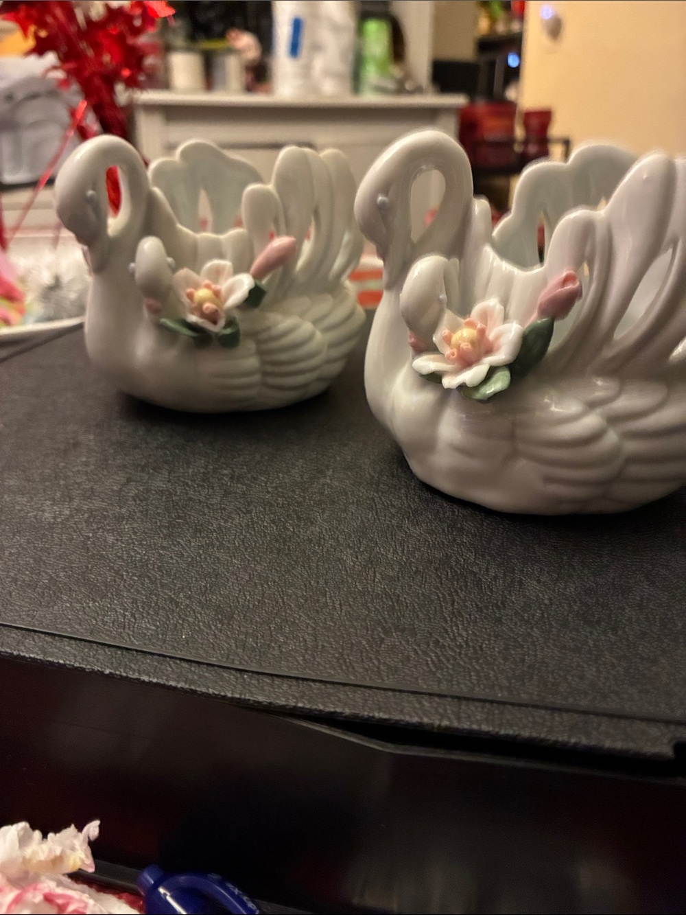 Enesco White Porcelain Swan Dishes with Pink Floral Detail